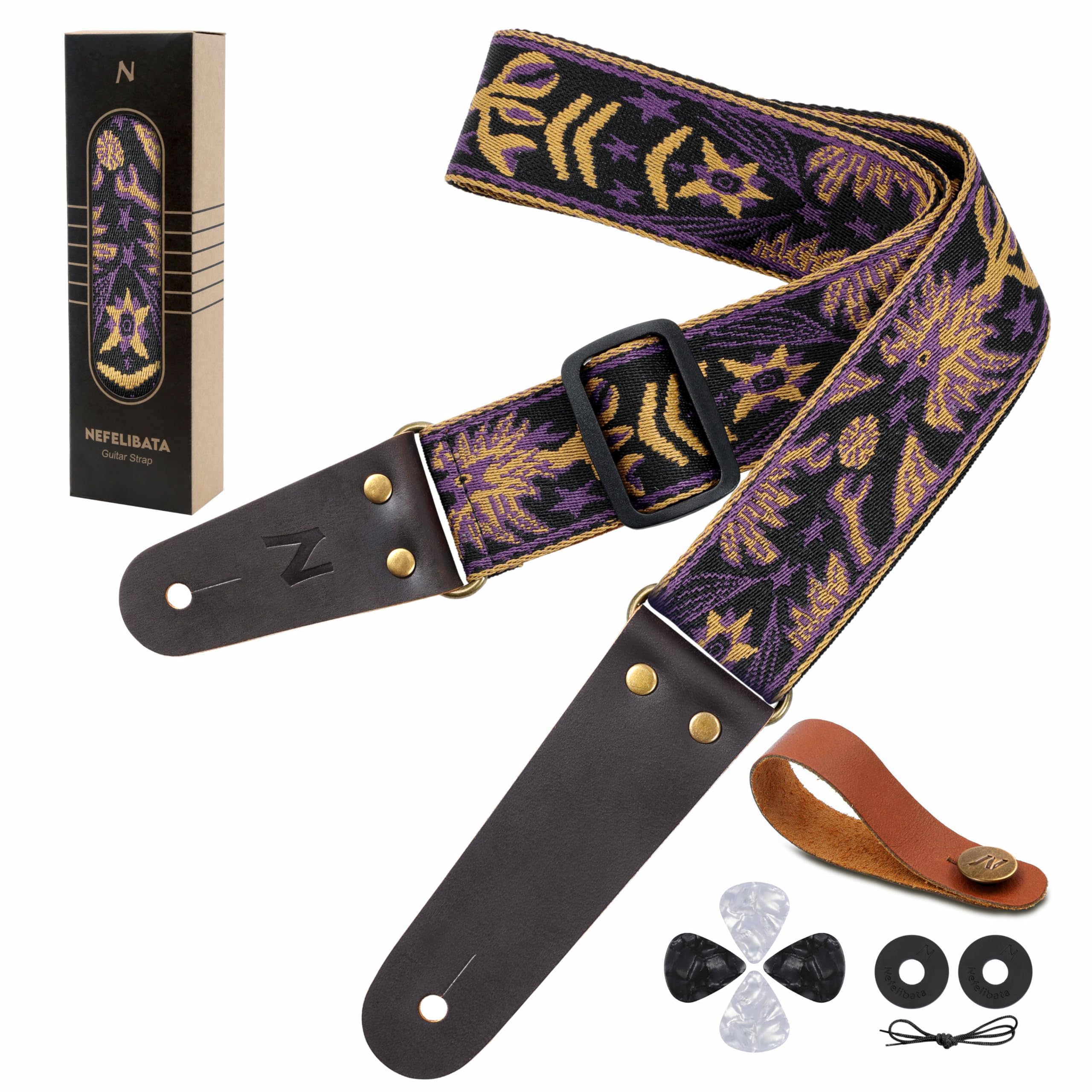  Nefelibata 2" Embroidery Full Grain Leather Ends Guitar Straps with Hidden Pocket for Bass, Electric and Acoustic Guita